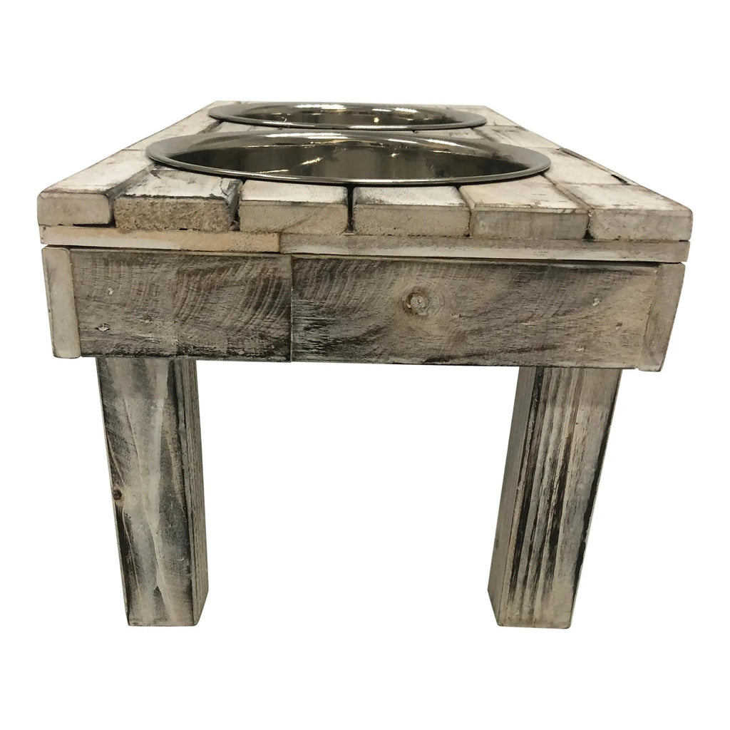 Huntley Pet Berjen Table Elevated Double Bowl Pet Feeder, White Wash