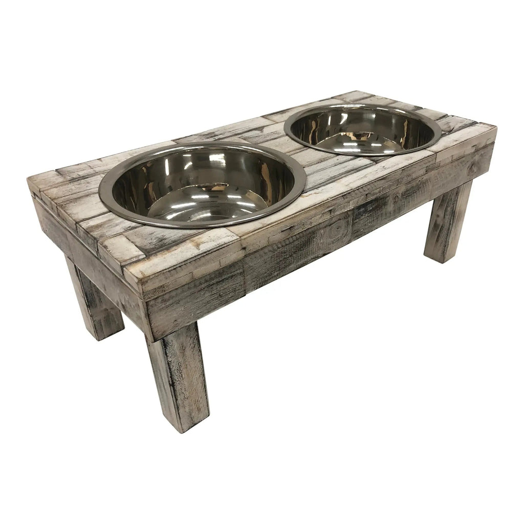 Huntley Pet Berjen Table Elevated Double Bowl Pet Feeder, White Wash